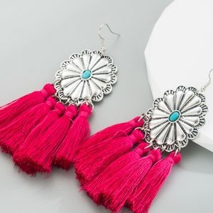 NEW Pink Boho Turquoise Concho Style Tassel Earrings